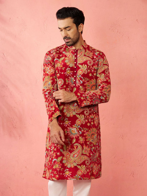 vastramayMen’s Maroon Crepe Zari Embroidered Mandarin Collar Kurta with Digital Floral Print