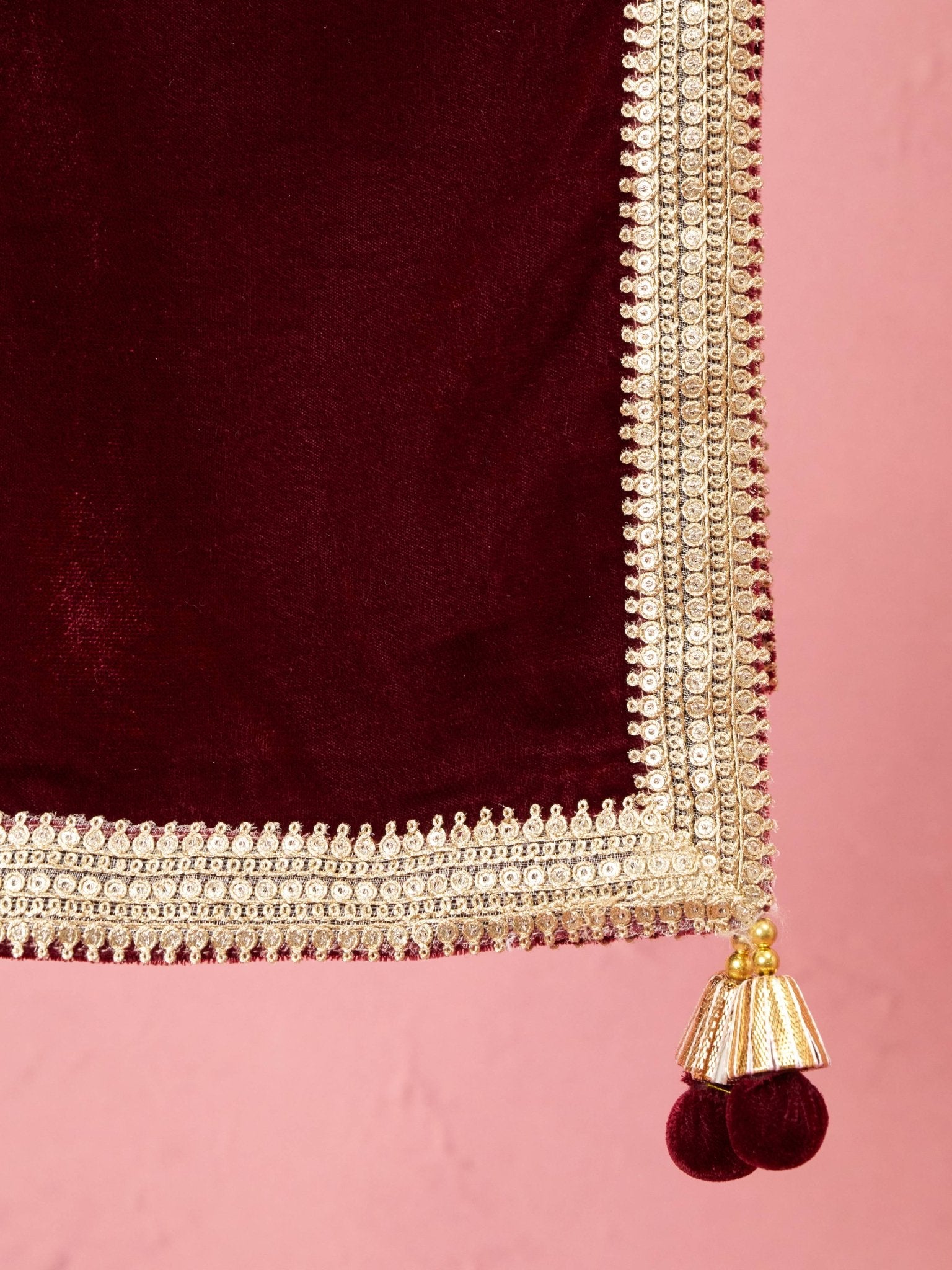 vastramayMen's Maroon Solid Velvet Kurta with Tassel Dupatta