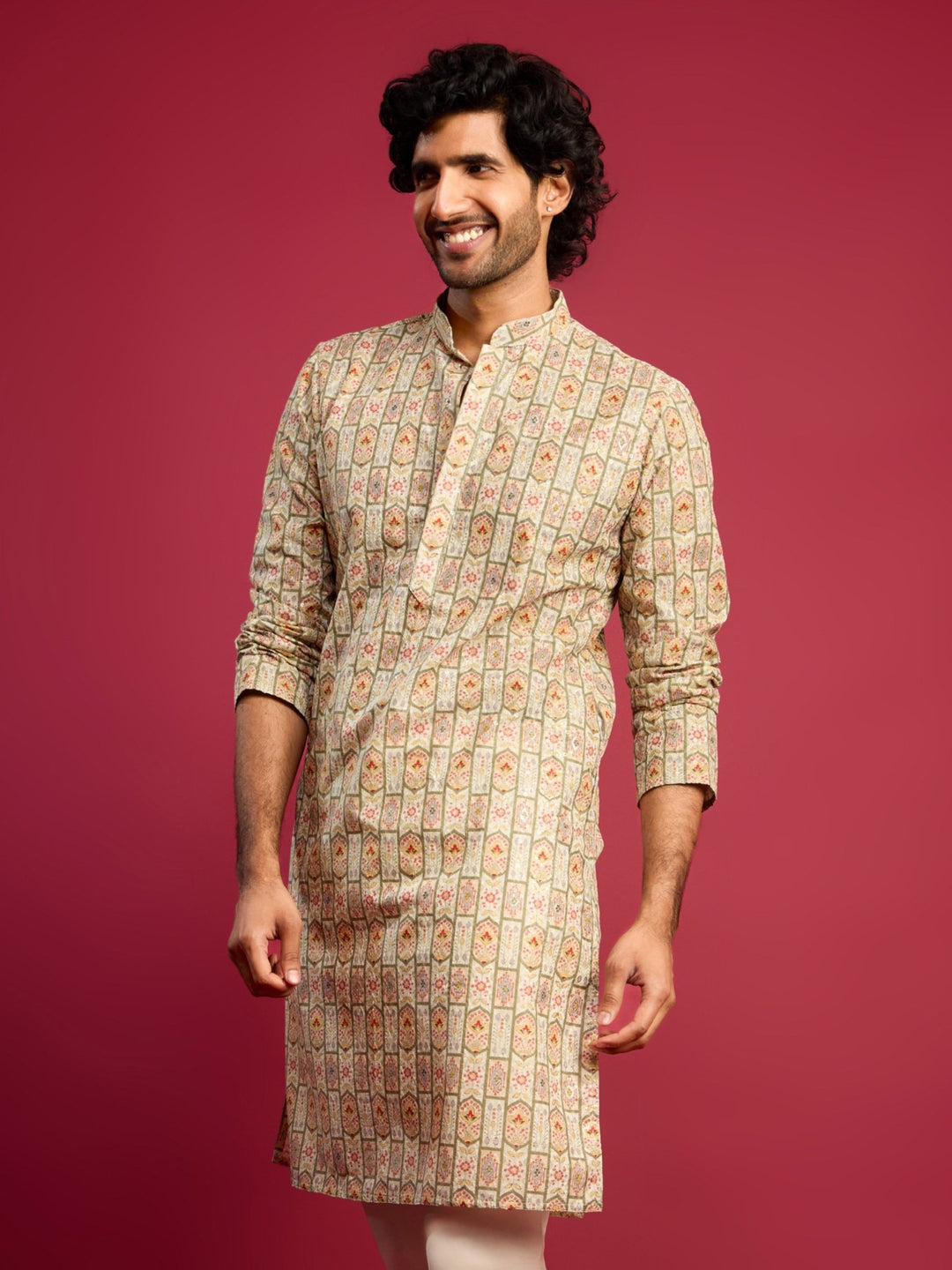 vastramayMen's Mint Green Cotton Blend Digital Print Sequin Long Kurta