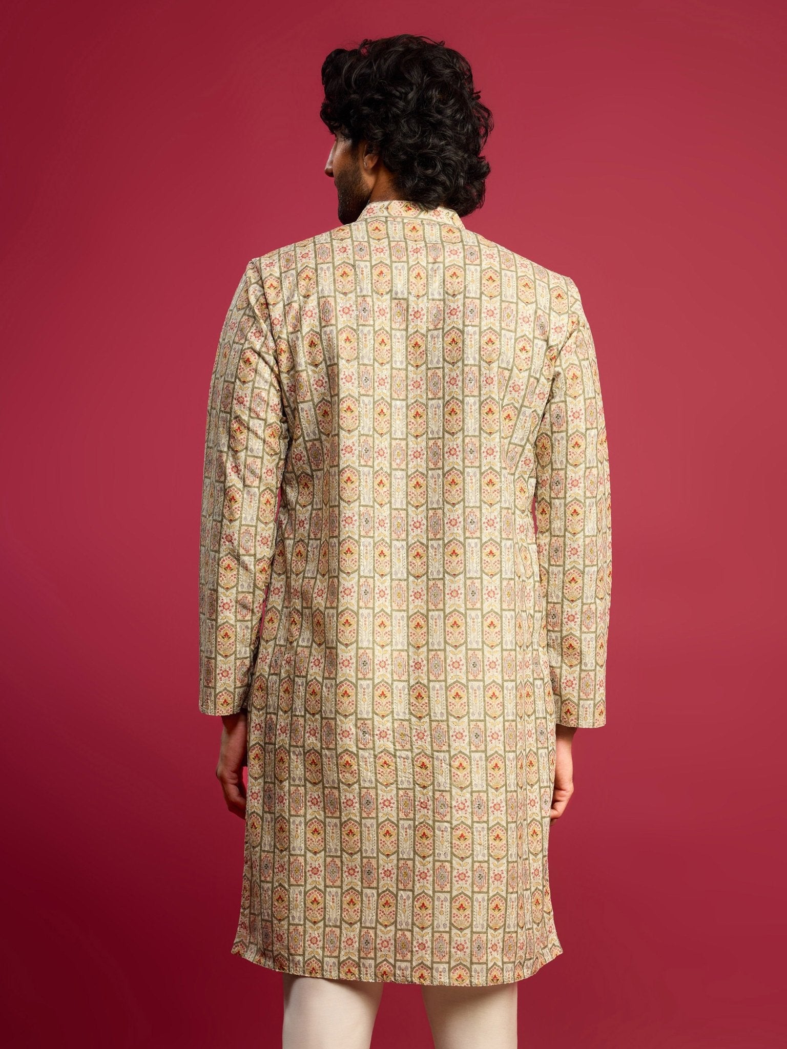 vastramayMen's Mint Green Cotton Blend Digital Print Sequin Long Kurta