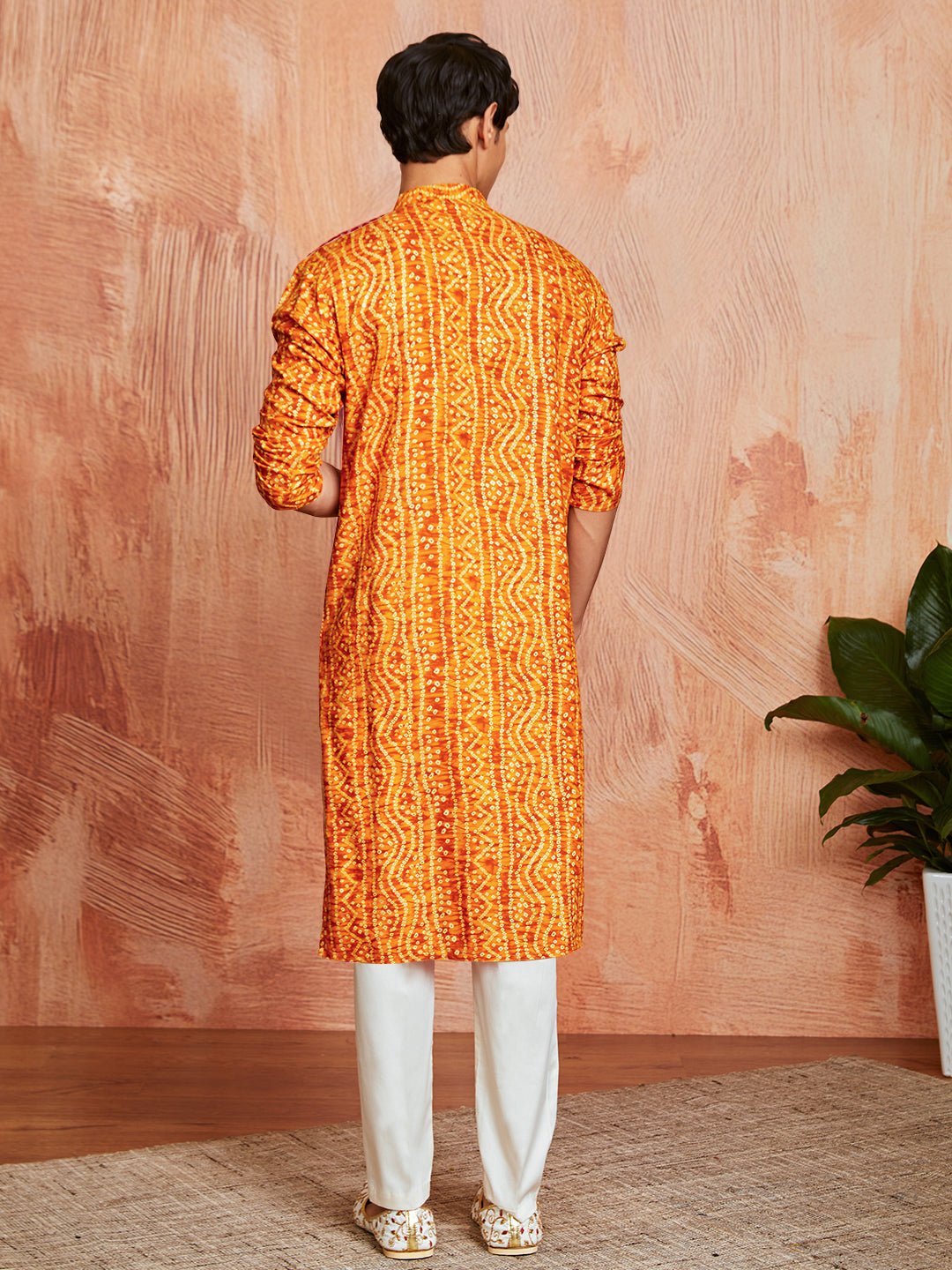 vastramayMen's Mustard Foil Bandhani Digital Print Rayon Kurta with Cream Viscose Pyjama