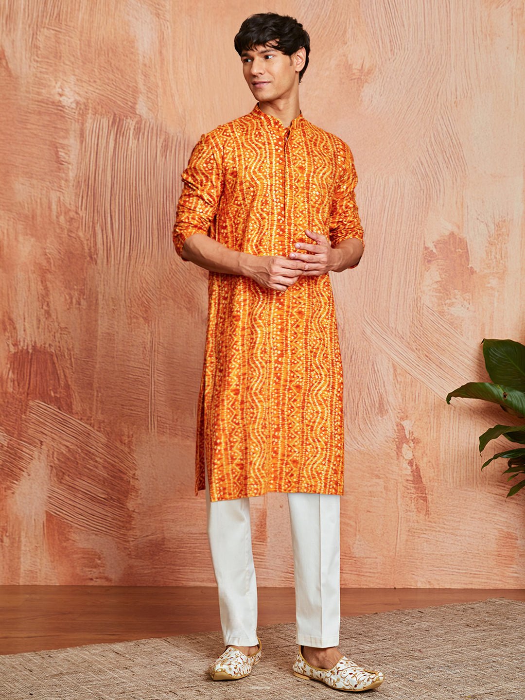 vastramayMen's Mustard Foil Bandhani Digital Print Rayon Kurta with Cream Viscose Pyjama