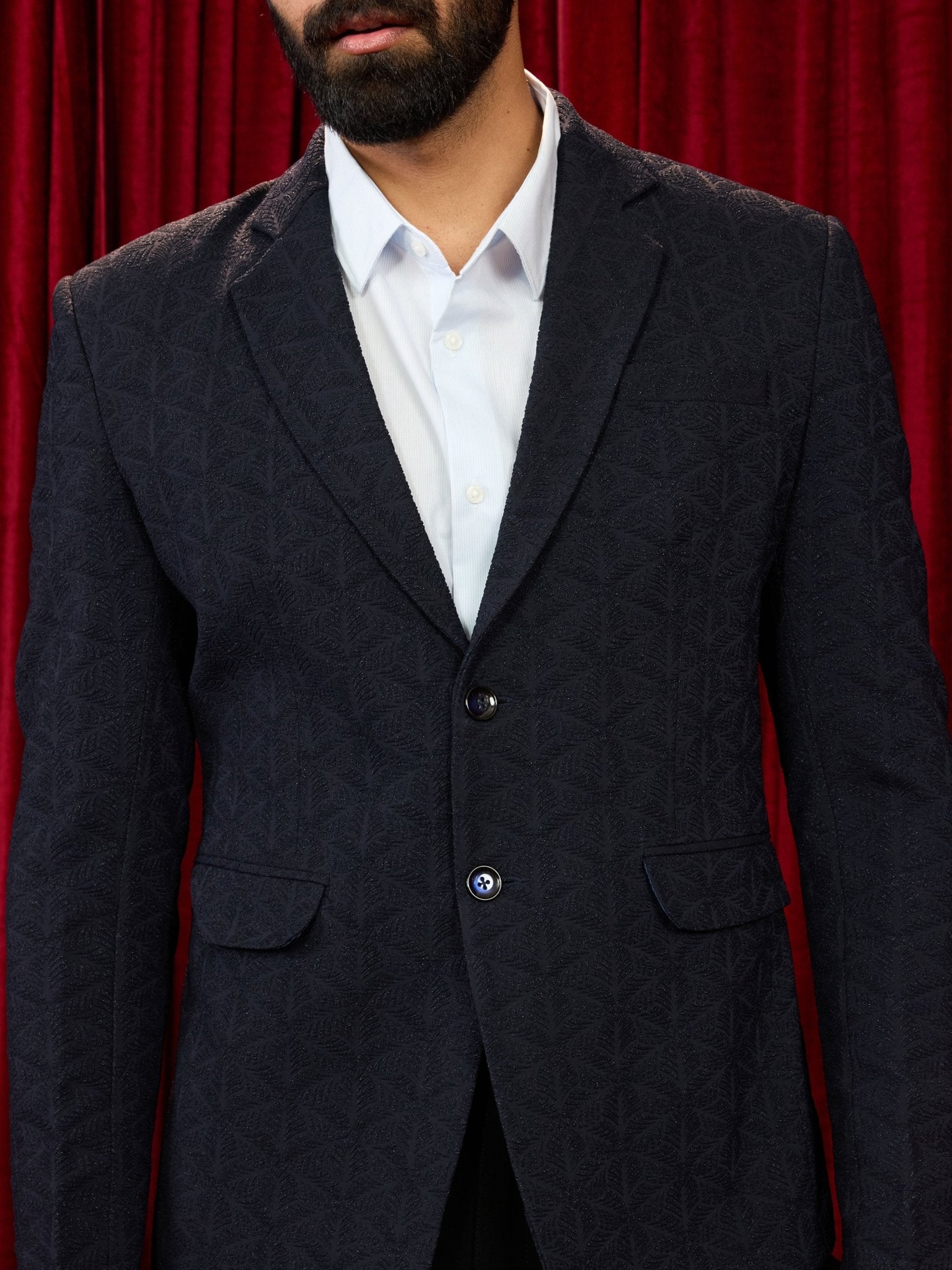 vastramayMen's Navy Blue Embossed Bafta Blazer & Black Straight Pant Co - ord Set