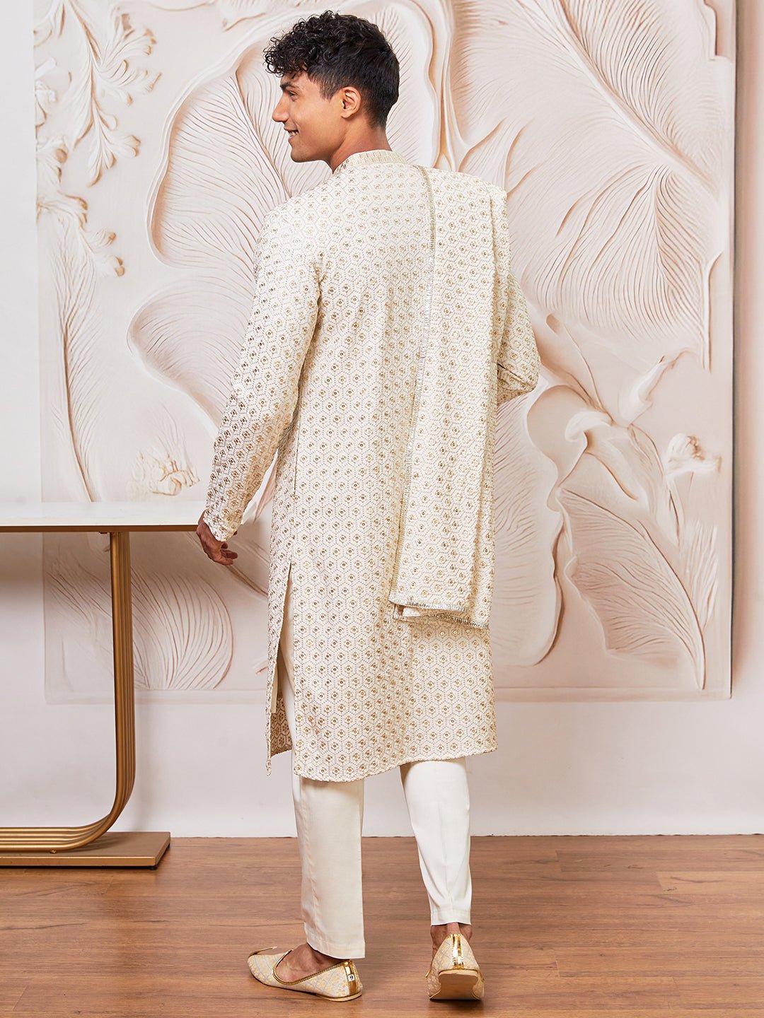 vastramayMen's Off White Chikankari Embroidered Kurta Set with Cream Satin Pyjama & Embroidered Dupatta