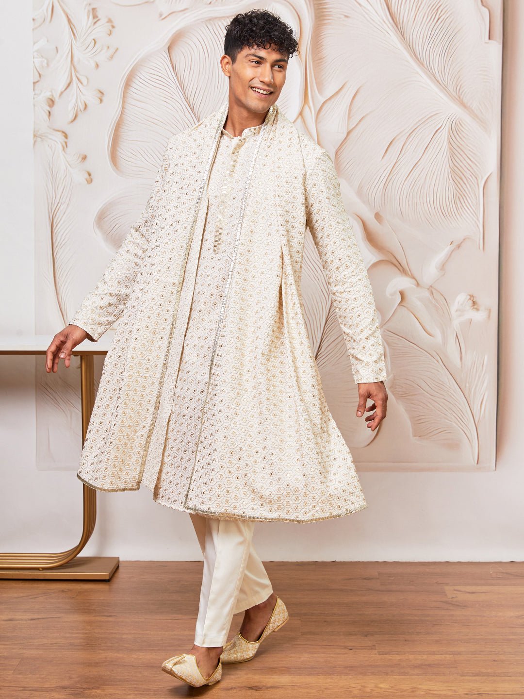 vastramayMen's Off White Chikankari Embroidered Kurta Set with Cream Satin Pyjama & Embroidered Dupatta