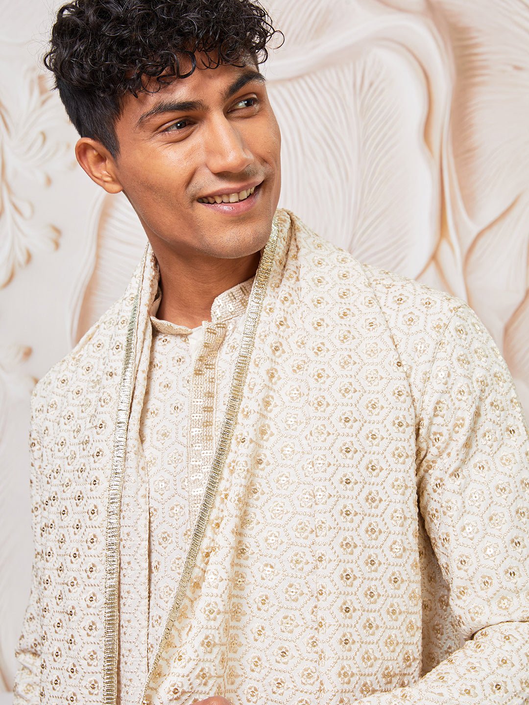 vastramayMen's Off White Chikankari Embroidered Kurta Set with Cream Satin Pyjama & Embroidered Dupatta