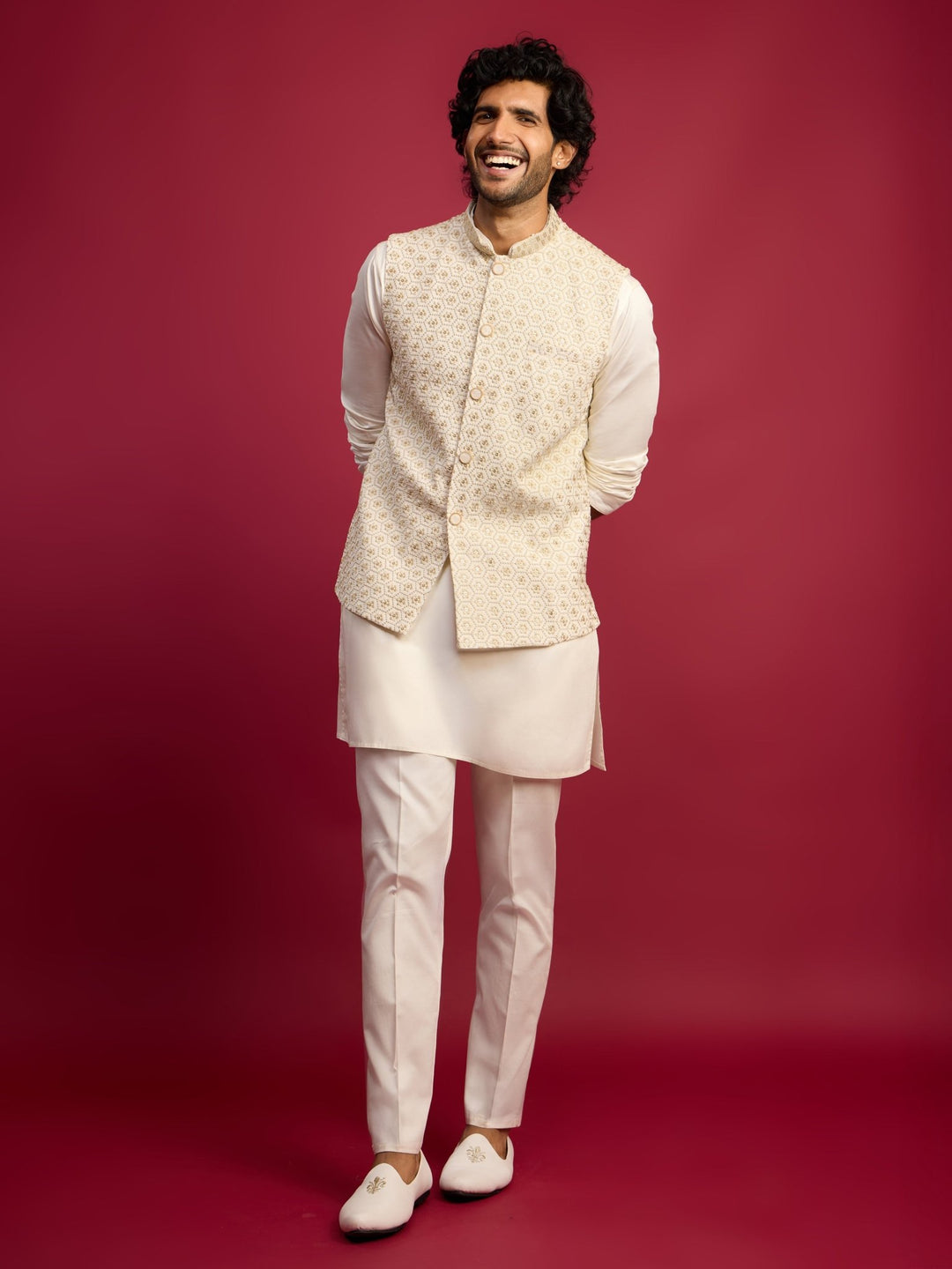 vastramayMen's Off White Chikankari Nehru Jacket with Cream Satin Kurta Pant Set
