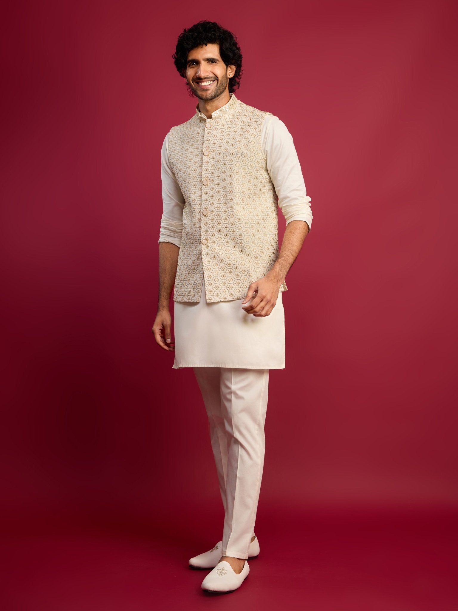 vastramayMen's Off White Chikankari Nehru Jacket with Cream Satin Kurta Pant Set