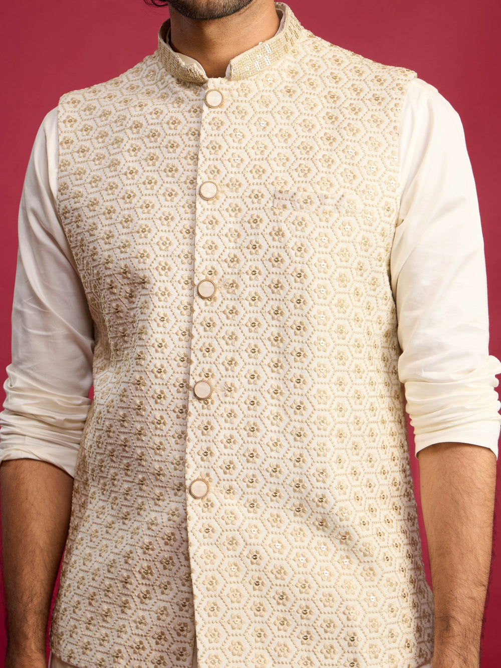 vastramayMen's Off White Chikankari Nehru Jacket with Cream Satin Kurta Pant Set