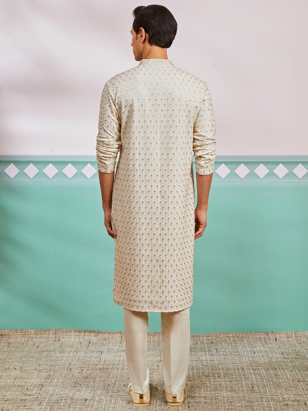 vastramayMen's Off White Chikankari Rayon Kurta with Cream Fine Satin Pyjama