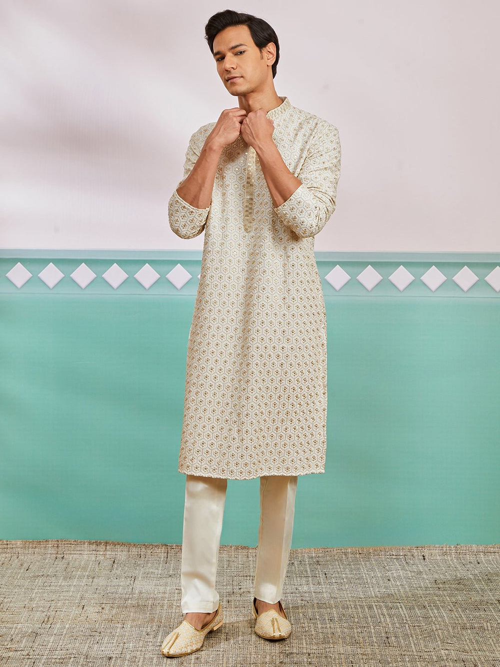 vastramayMen's Off White Chikankari Rayon Kurta with Cream Fine Satin Pyjama