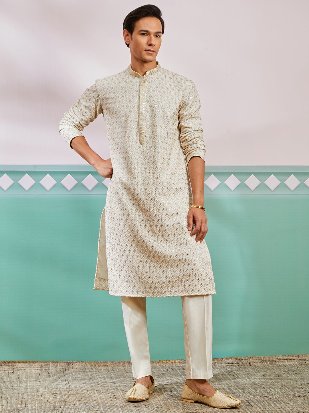 vastramayMen's Off White Chikankari Rayon Kurta with Cream Fine Satin Pyjama