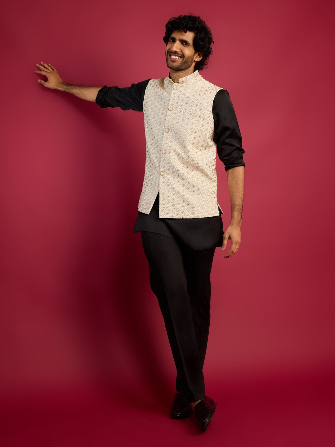 vastramayMen's Off - White Sequin Embroidered Nehru Jacket with Black Satin Kurta & Pants Set