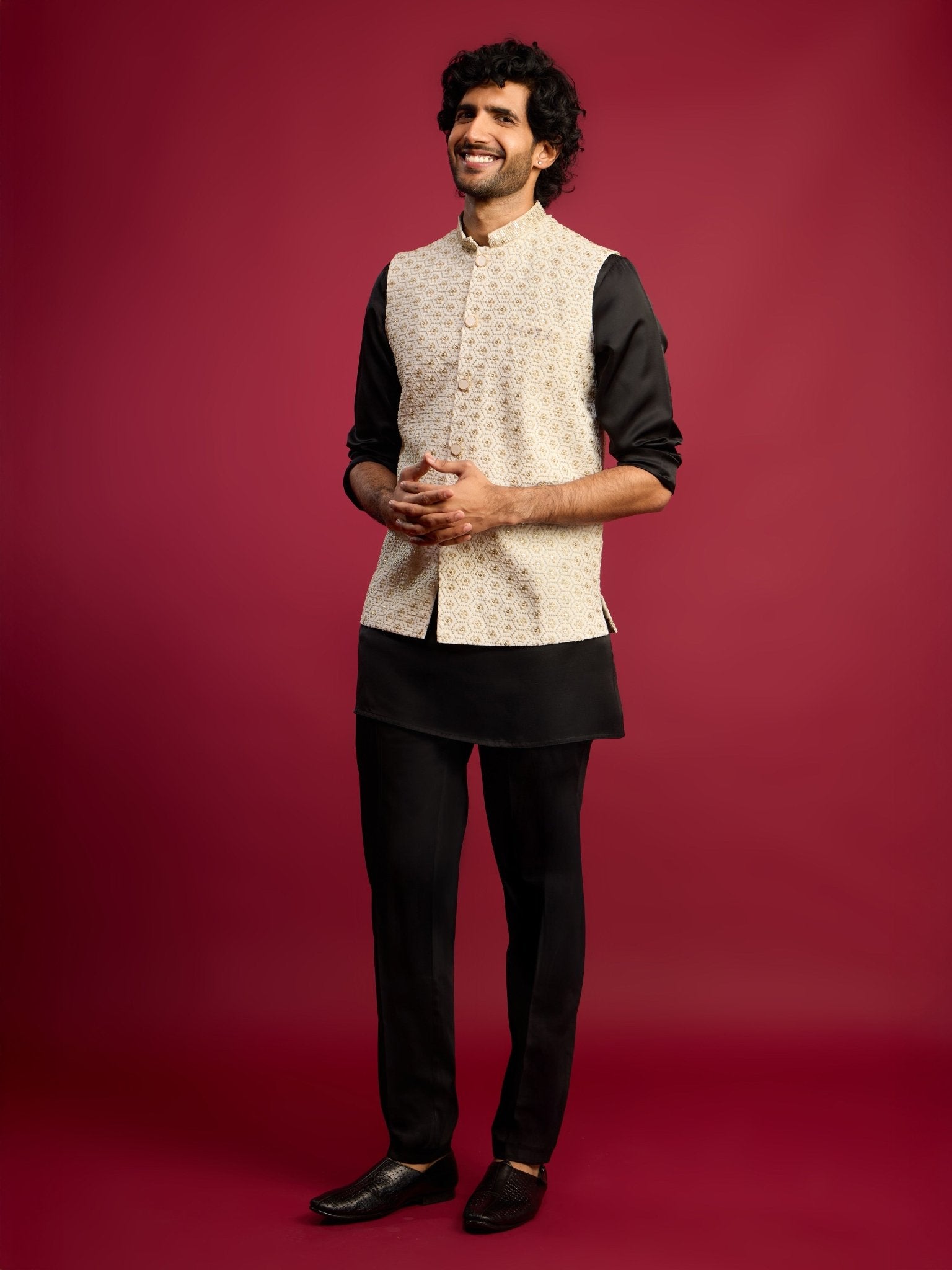 vastramayMen's Off - White Sequin Embroidered Nehru Jacket with Black Satin Kurta & Pants Set