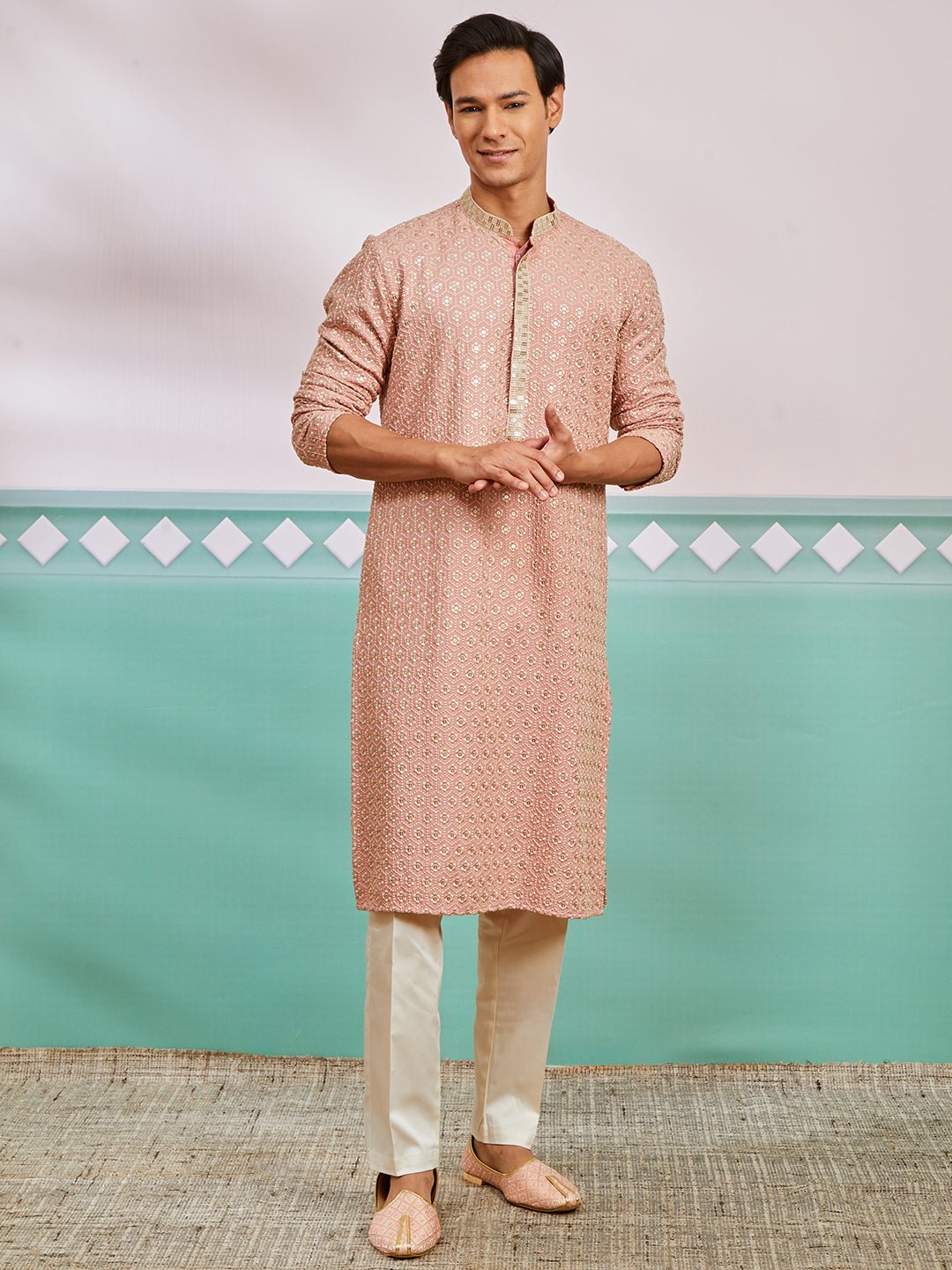 vastramayMen's Peach Chikankari Rayon Kurta with Cream Fine Satin Pyjama