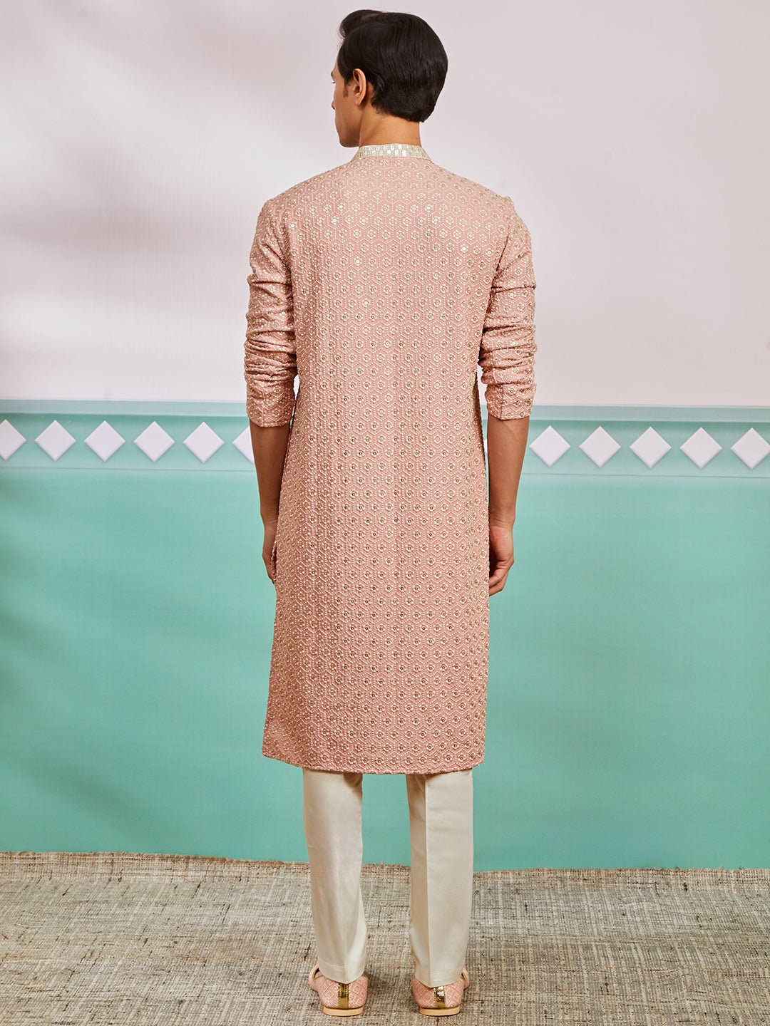 vastramayMen's Peach Chikankari Rayon Kurta with Cream Fine Satin Pyjama