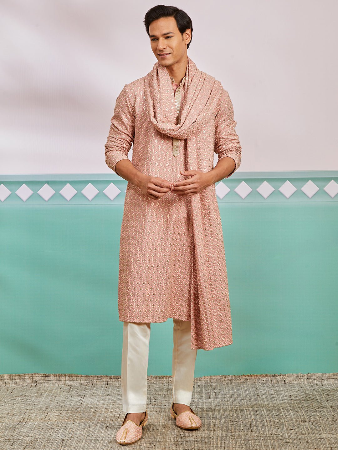vastramayMen's Peach Chikankari Rayon Kurta with Cream Pyjama & Peach Embroidered Dupatta