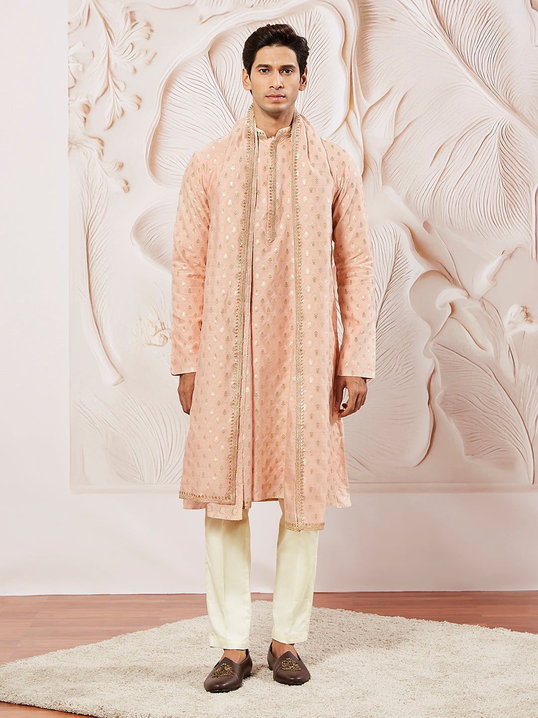 vastramayMen's Peach Kurta Pyjama with Woven Dupatta Set