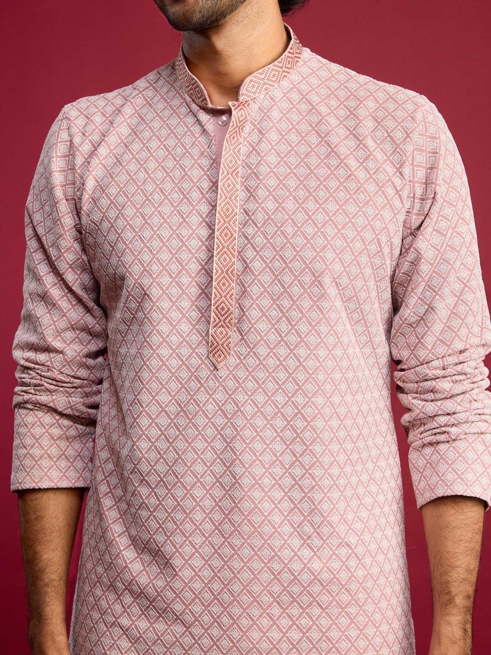 vastramayMen's Pink Faux Georgette Thread Embroidered Long Kurta