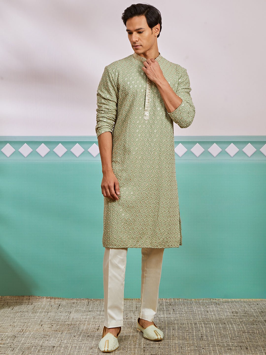 vastramayMen's Pista Green Chikankari Rayon Kurta with Cream Fine Satin Pyjama