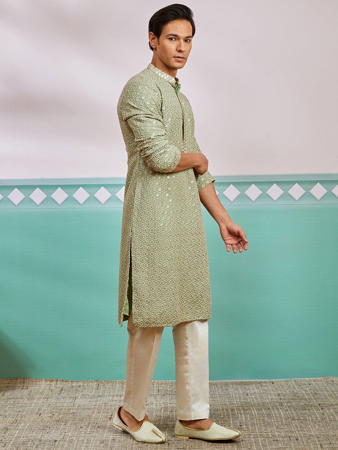 vastramayMen's Pista Green Chikankari Rayon Kurta with Cream Fine Satin Pyjama