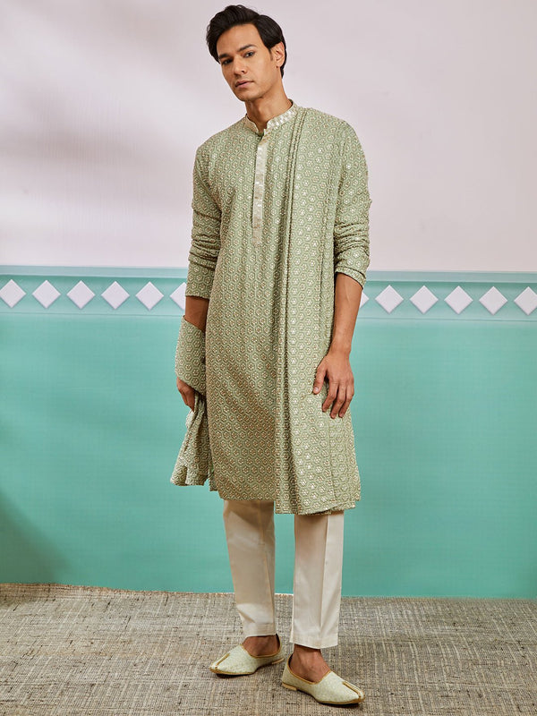vastramayMen's Pista Green Chikankari Rayon Kurta with Cream Pyjama & Pista Embroidered Dupatta