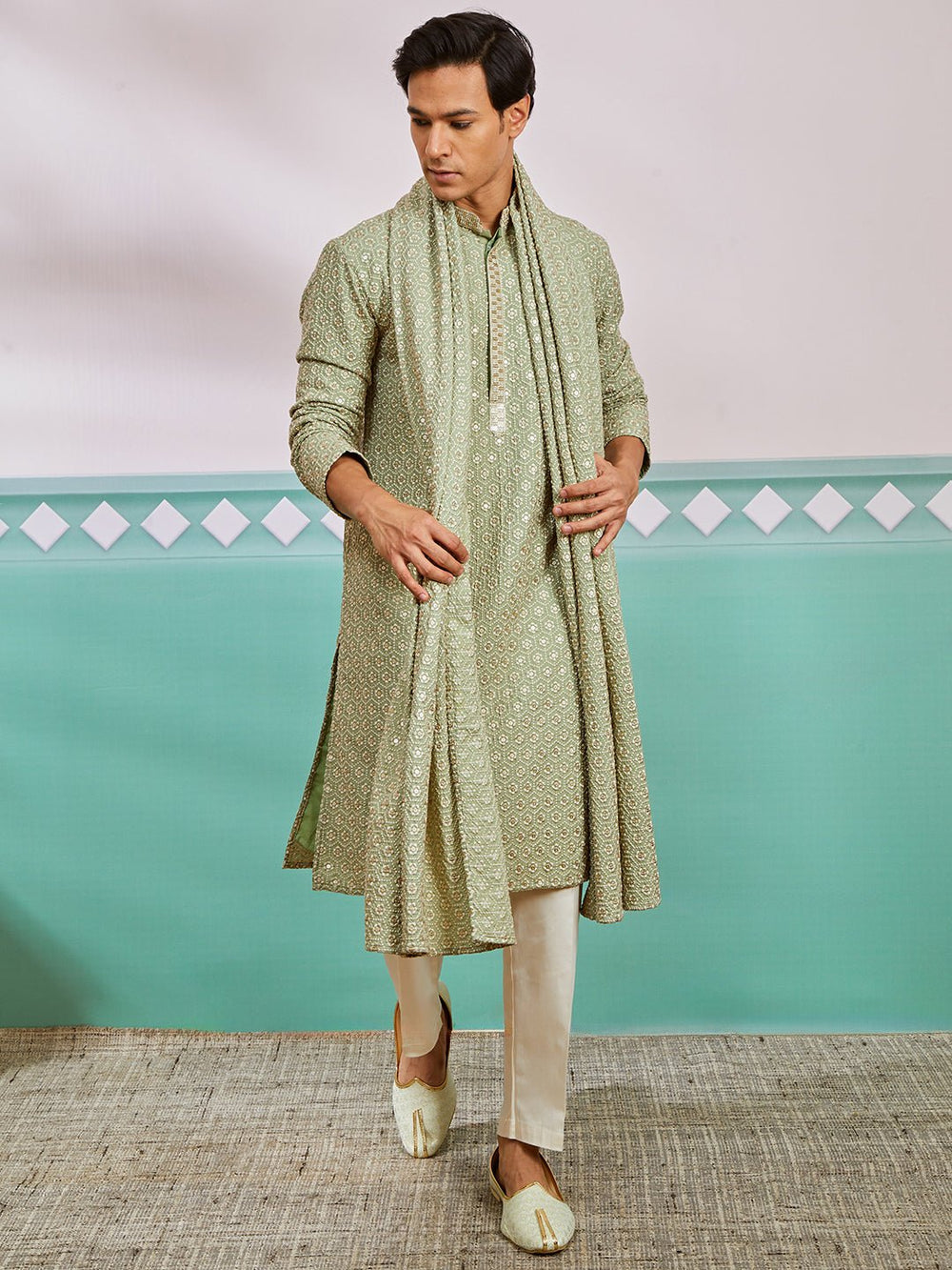 vastramayMen's Pista Green Chikankari Rayon Kurta with Cream Pyjama & Pista Embroidered Dupatta