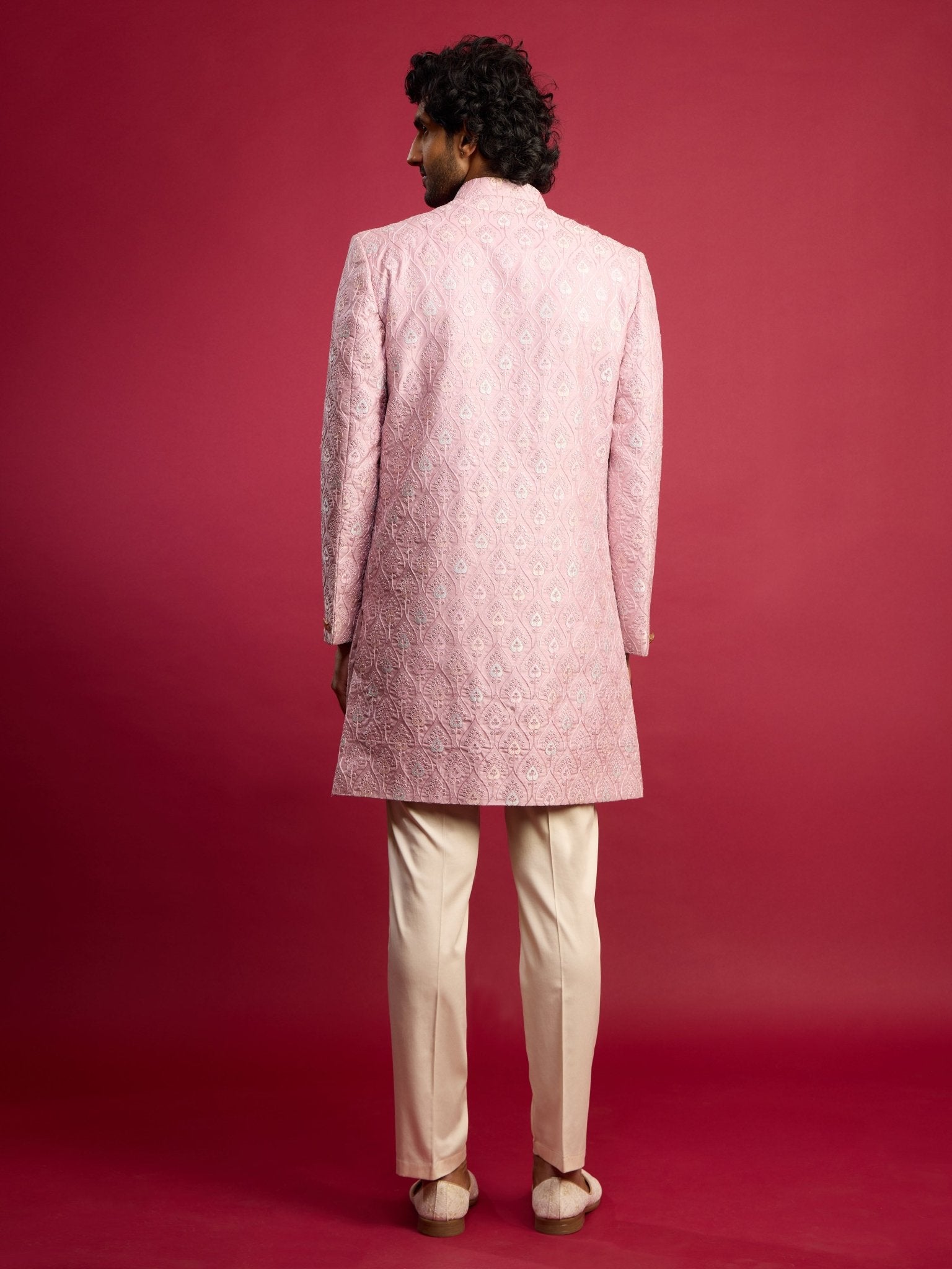 vastramayMen's Purple Embroidered Silk Blend Indo - Western with Cream Pant Style Pyjama