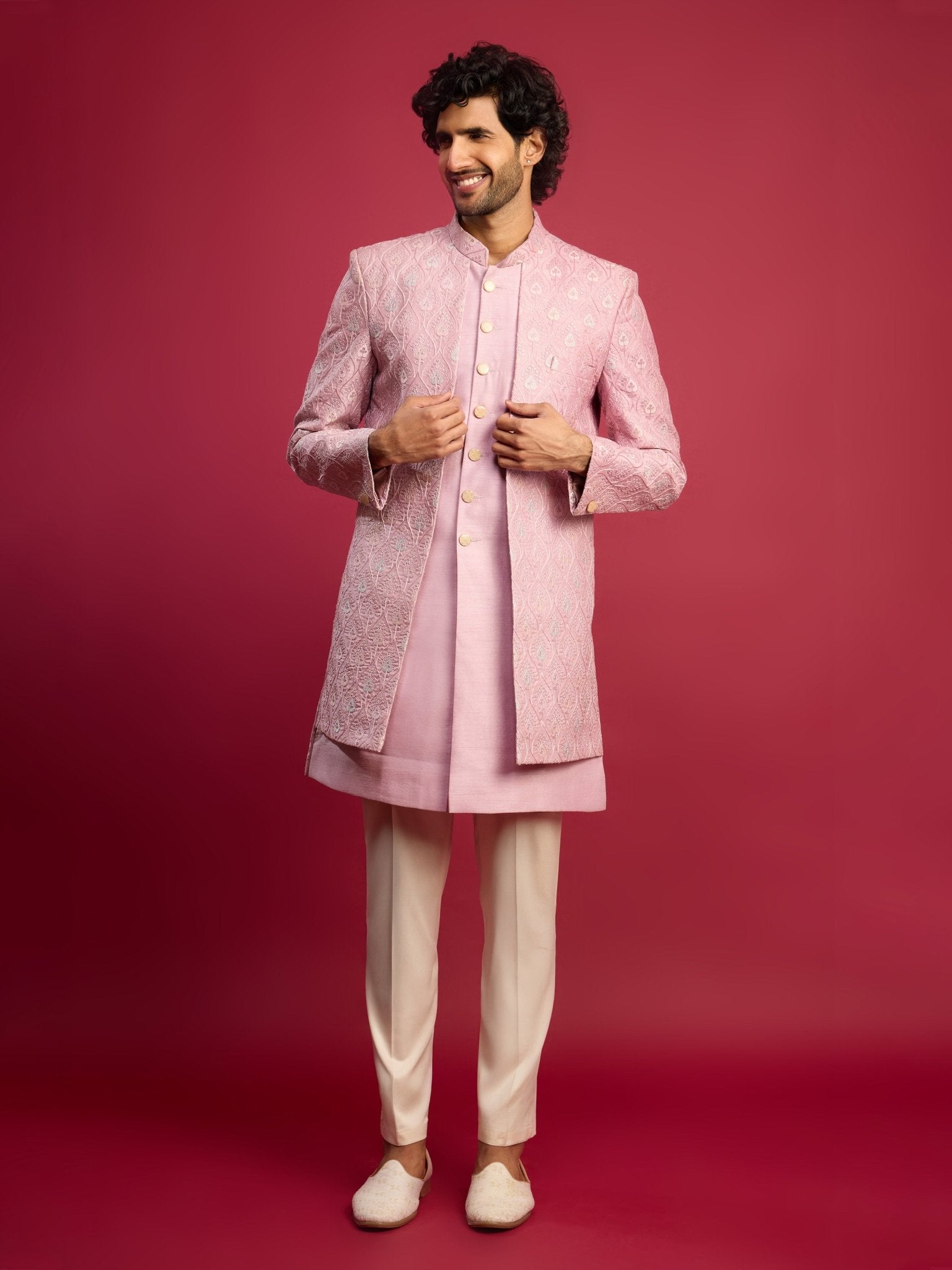 vastramayMen's Purple Embroidered Silk Blend Indo - Western with Cream Pant Style Pyjama