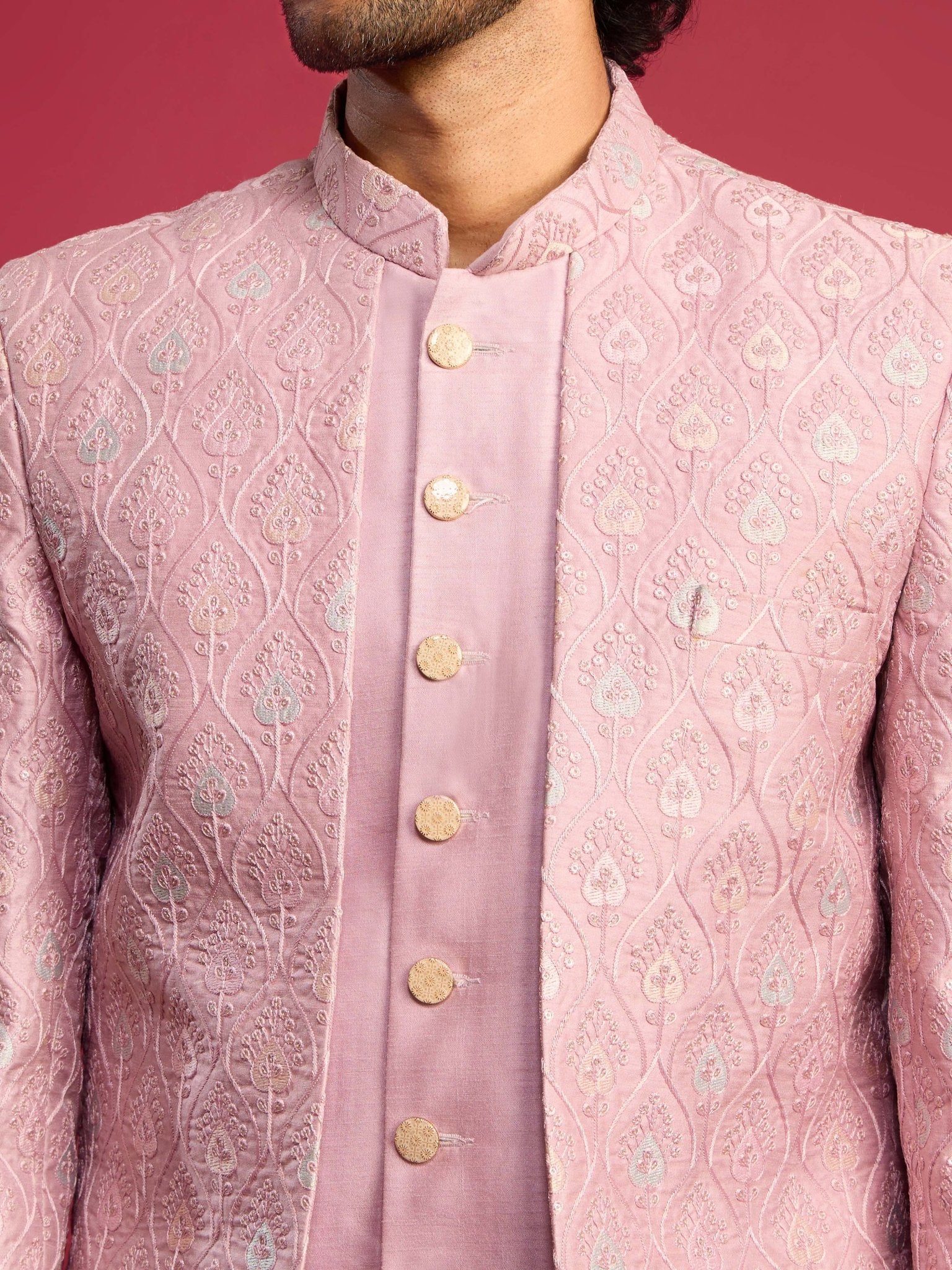 vastramayMen's Purple Embroidered Silk Blend Indo - Western with Cream Pant Style Pyjama