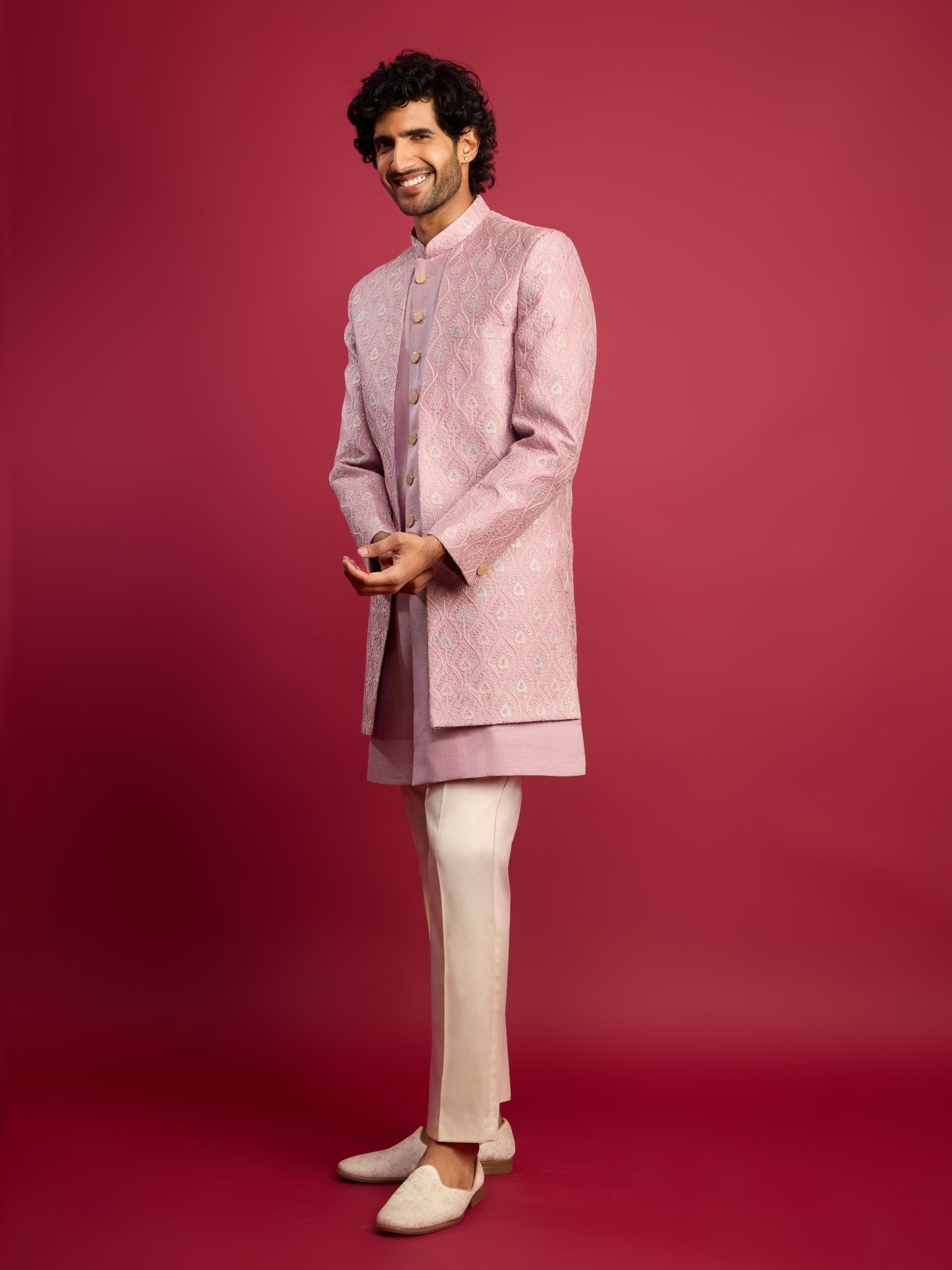 vastramayMen's Purple Embroidered Silk Blend Indo - Western with Cream Pant Style Pyjama