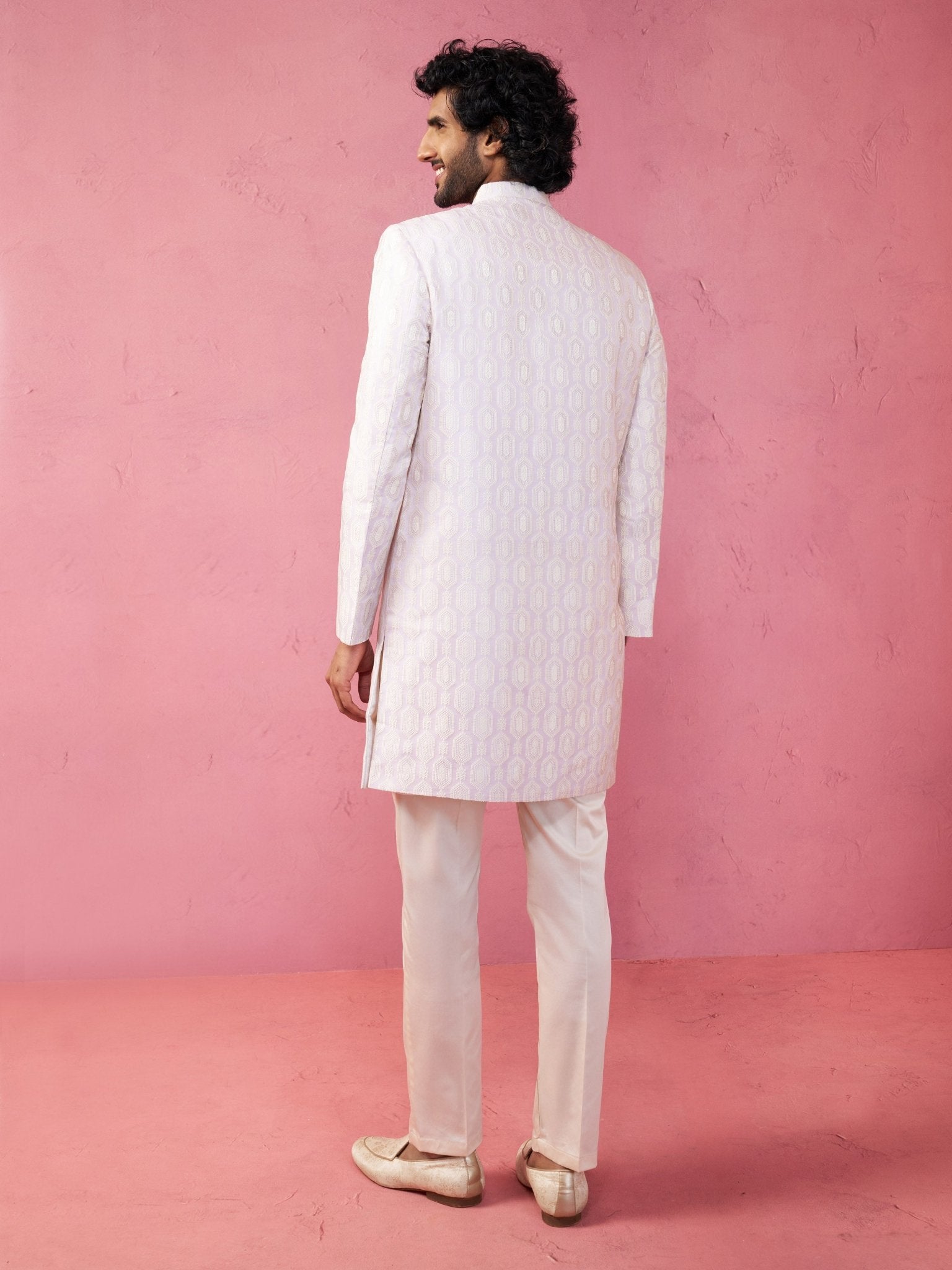 vastramayMen's Purple Jacquard Indo - Western Kurta with Cream Trousers
