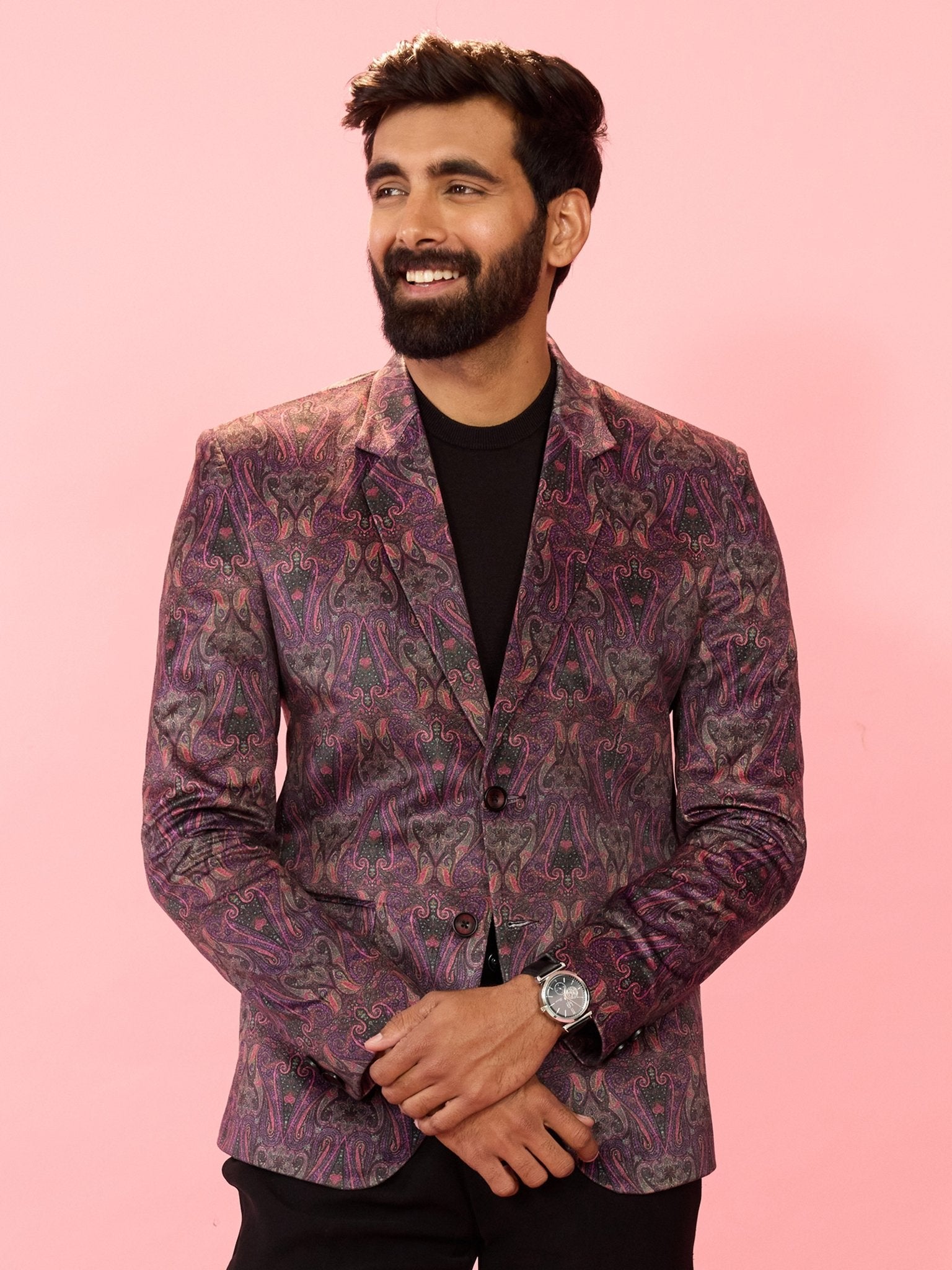 vastramayMen's Purple Velvet Paisley Digital Print Notch Collar Wedding Blazer