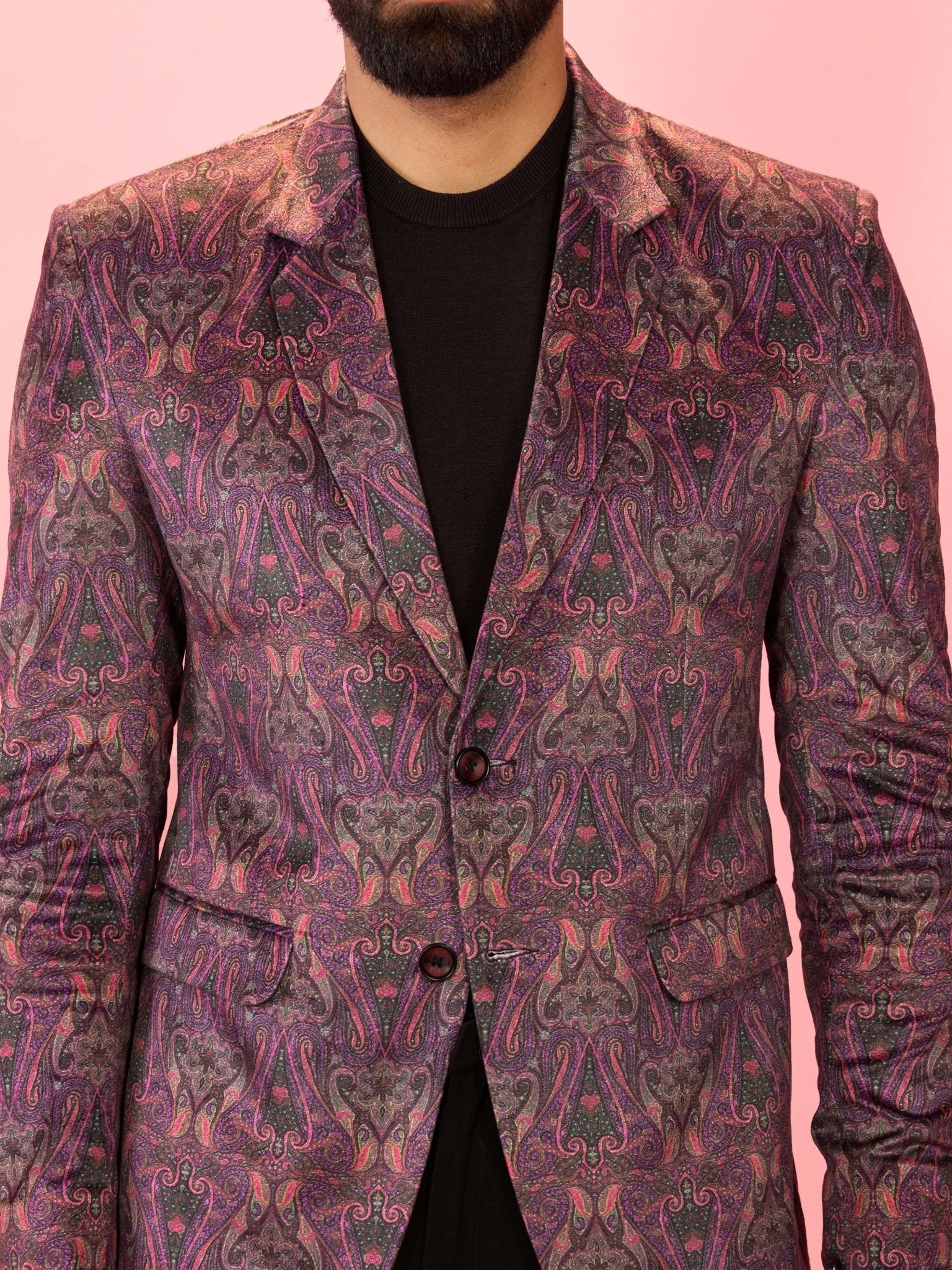 vastramayMen's Purple Velvet Paisley Digital Print Notch Collar Wedding Blazer
