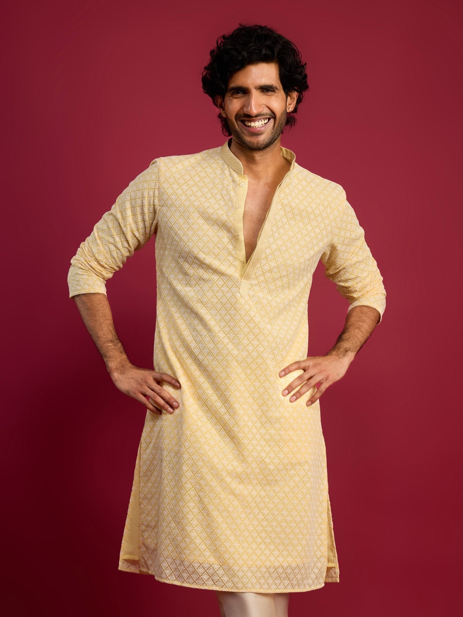 vastramayMen's Yellow Faux Georgette Thread Embroidered Long Kurta