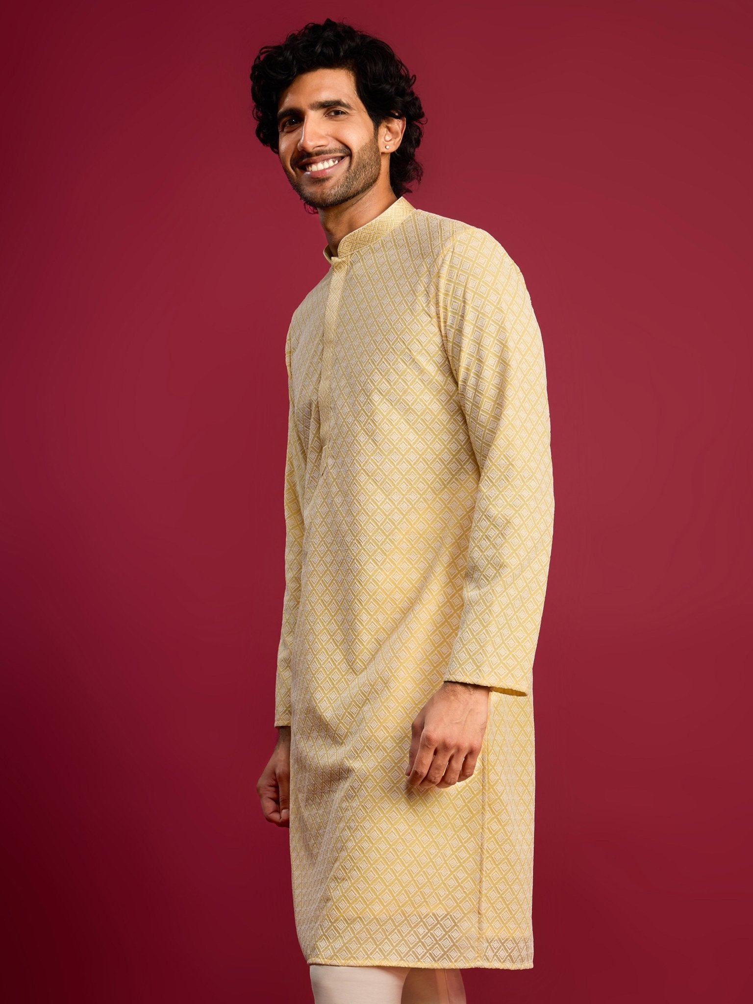 vastramayMen's Yellow Faux Georgette Thread Embroidered Long Kurta
