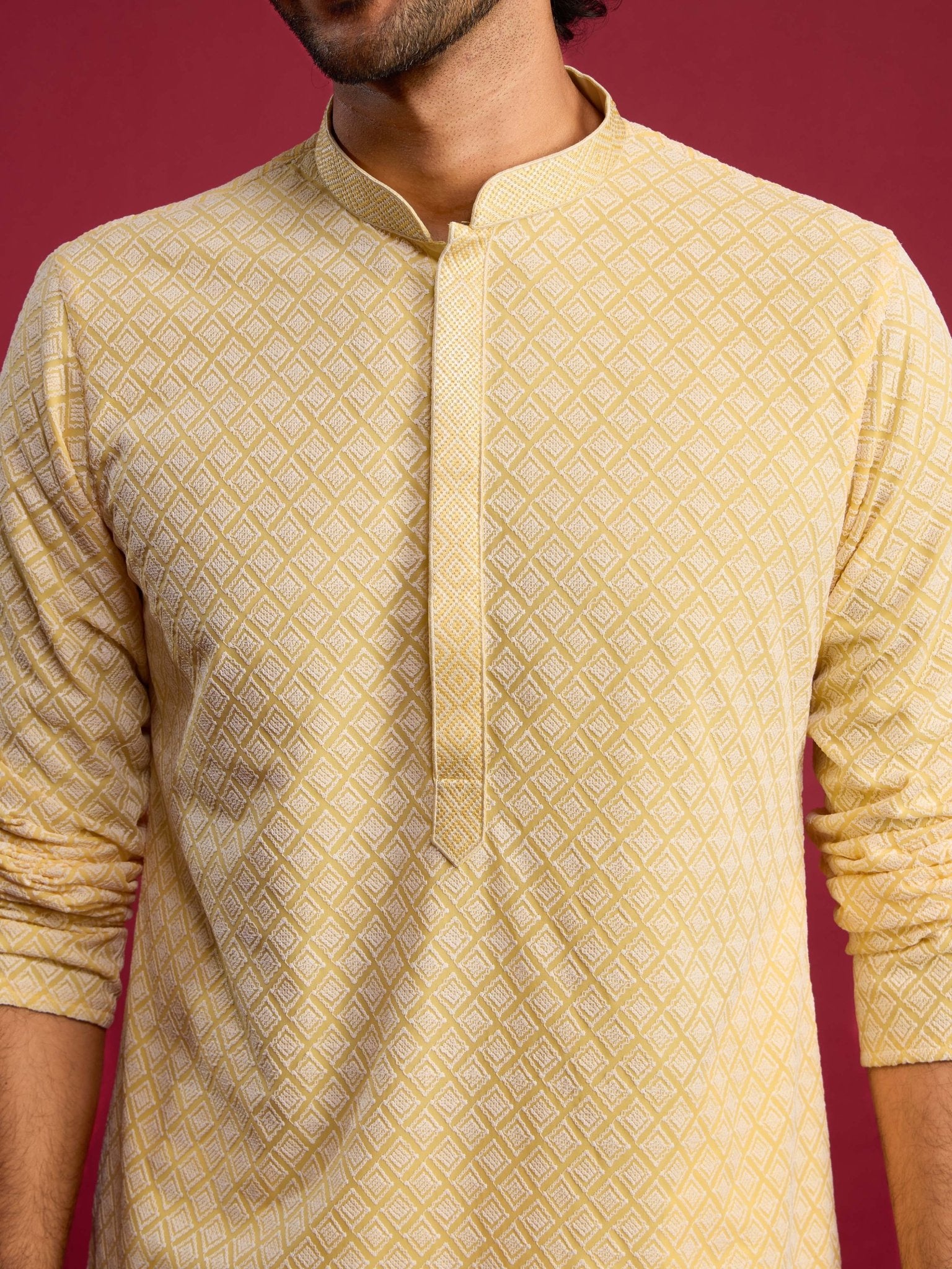 vastramayMen's Yellow Faux Georgette Thread Embroidered Long Kurta