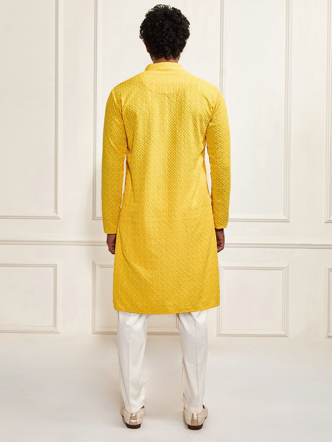 vastramayMen's Yellow Shifli Sequin Embroidered Kurta with Cream Pyjama Set