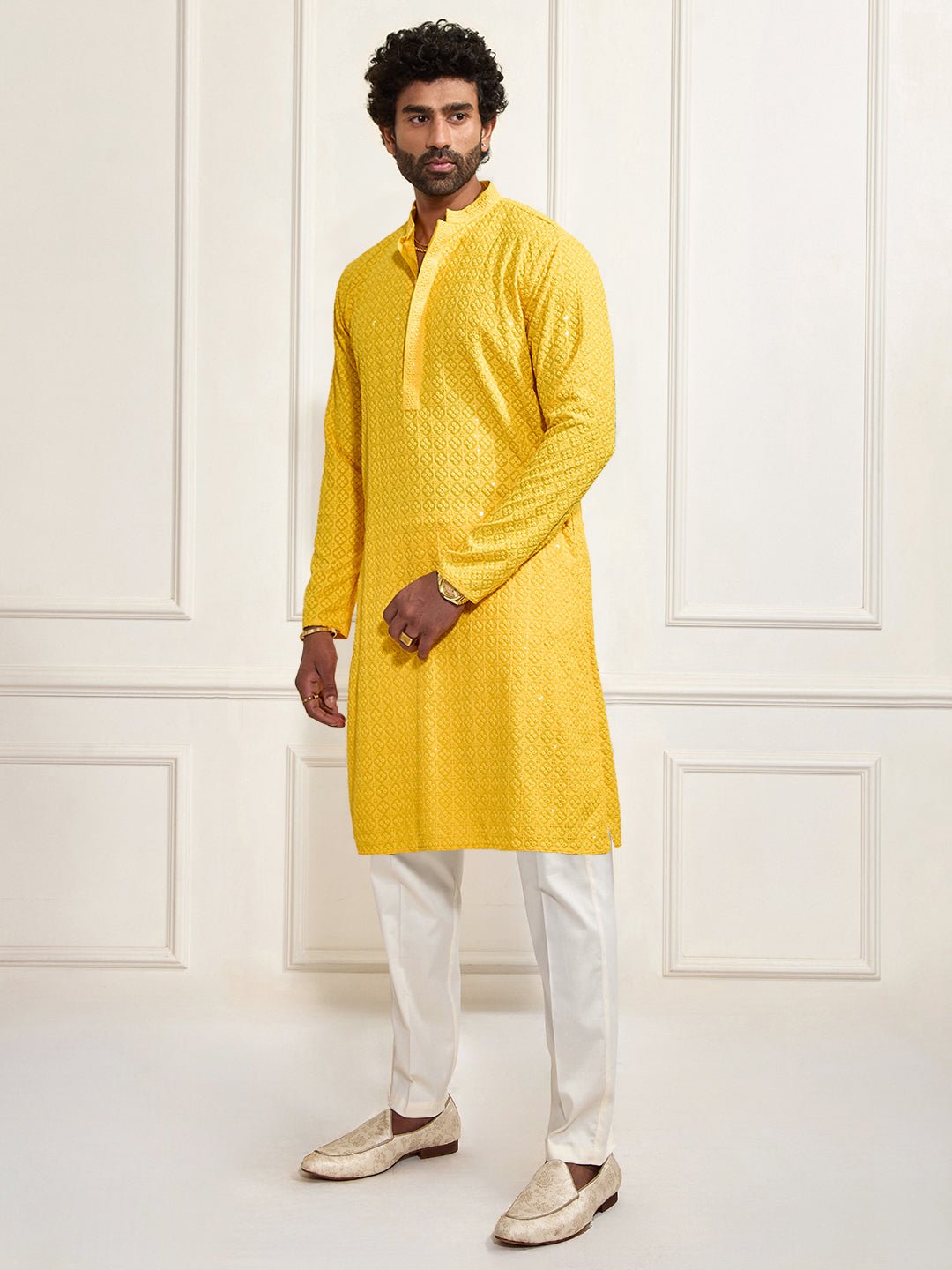 vastramayMen's Yellow Shifli Sequin Embroidered Kurta with Cream Pyjama Set