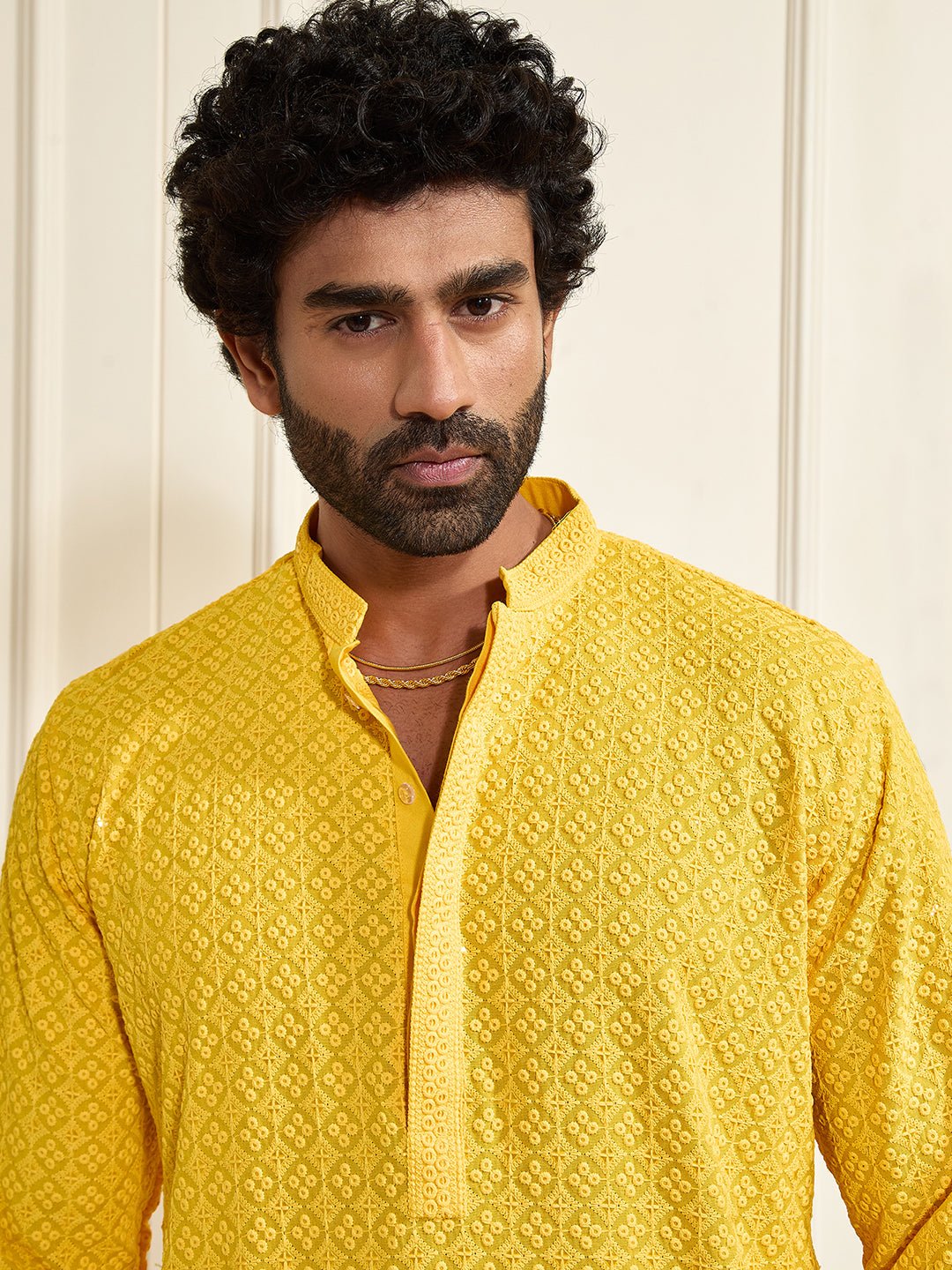 vastramayMen's Yellow Shifli Sequin Embroidered Kurta with Cream Pyjama Set