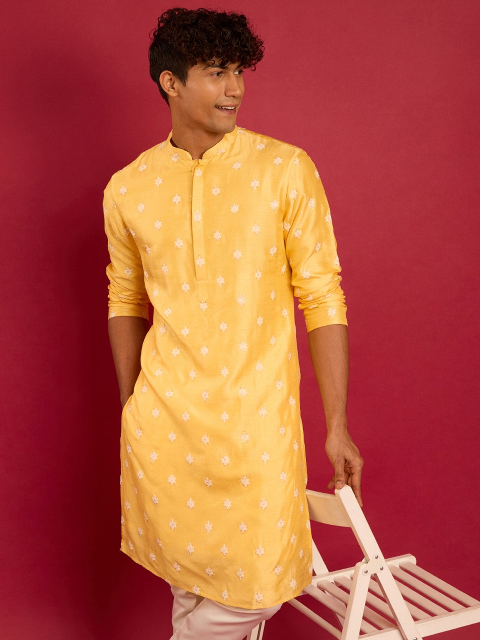 vastramayMen's Yellow Silk Blend Kurta