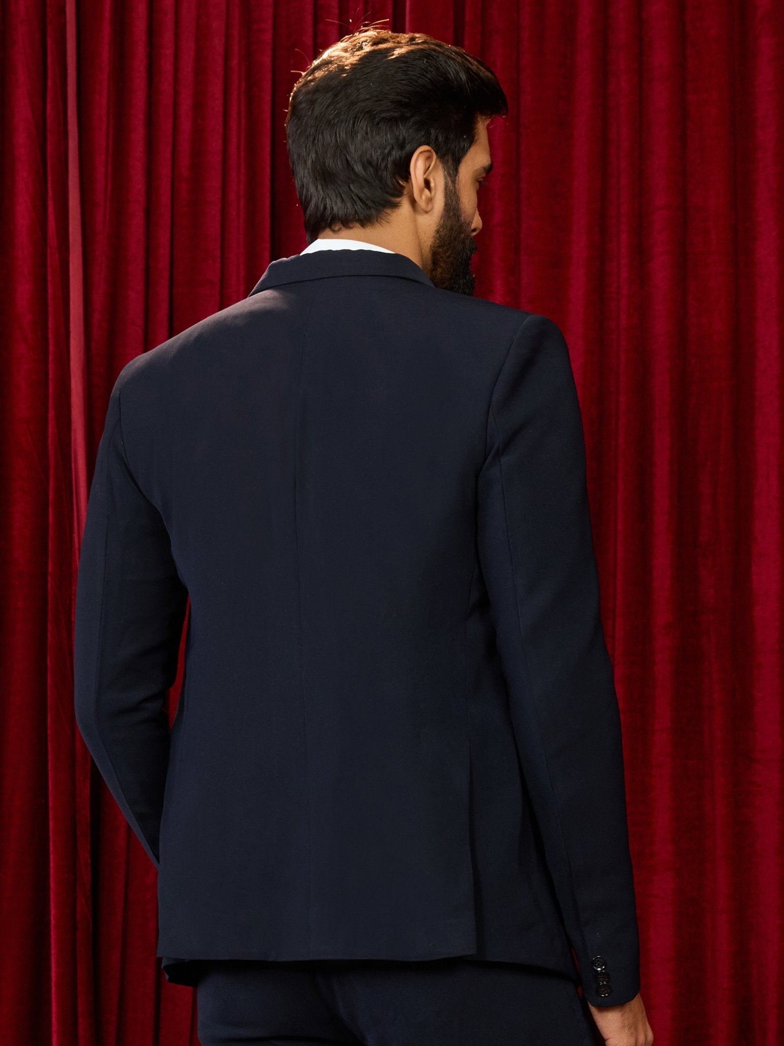 vastramayMen's's Navy Blue Solid Lachka Imported Suiting Blazer