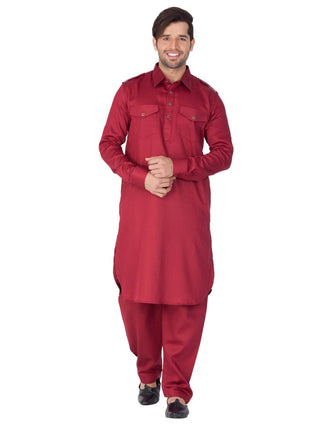 Vastramay Men and Boys Maroon Cotton Pathani Khan Suit Set
