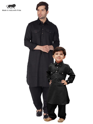 Vastramay Men and Boys Black Cotton Pathani Khan Suit Set