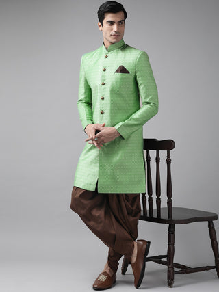 VASTRAMAY  Men's Green And Coffee Silk Blend Sherwani Set