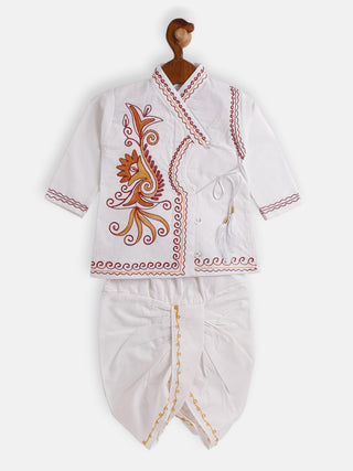 JBN Creation Boy's White Ethnic Motifs Embroidered Angrakha Kurta With Dhoti Pants