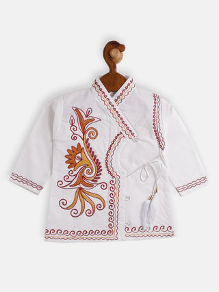 JBN Creation Boy's White Ethnic Motifs Embroidered Angrakha Kurta With Dhoti Pants
