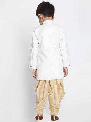 Vastramay Cotton Blend White and Gold Baap Beta Sherwani Set
