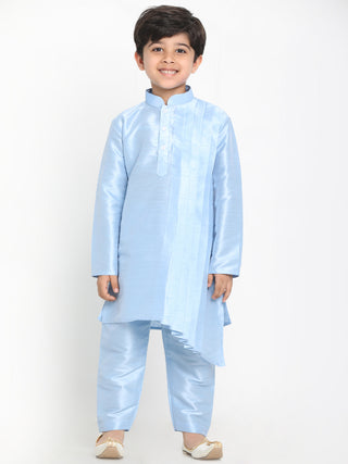 JBN CREATION Boy's Blue Asymmetric Kurta With Floral Printed Jacket And Pyjama Set
