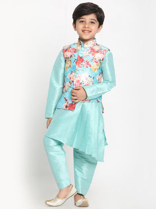 JBN CREATION Boy's Mint Green Asymmetric Kurta With Floral Printed Jacket And Pyjama Set